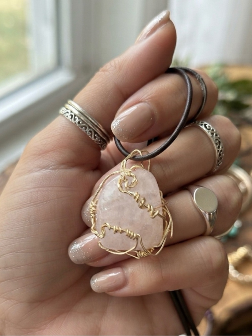 Rare Rose Quartz Pendant Necklace with Gold Wire Wrap